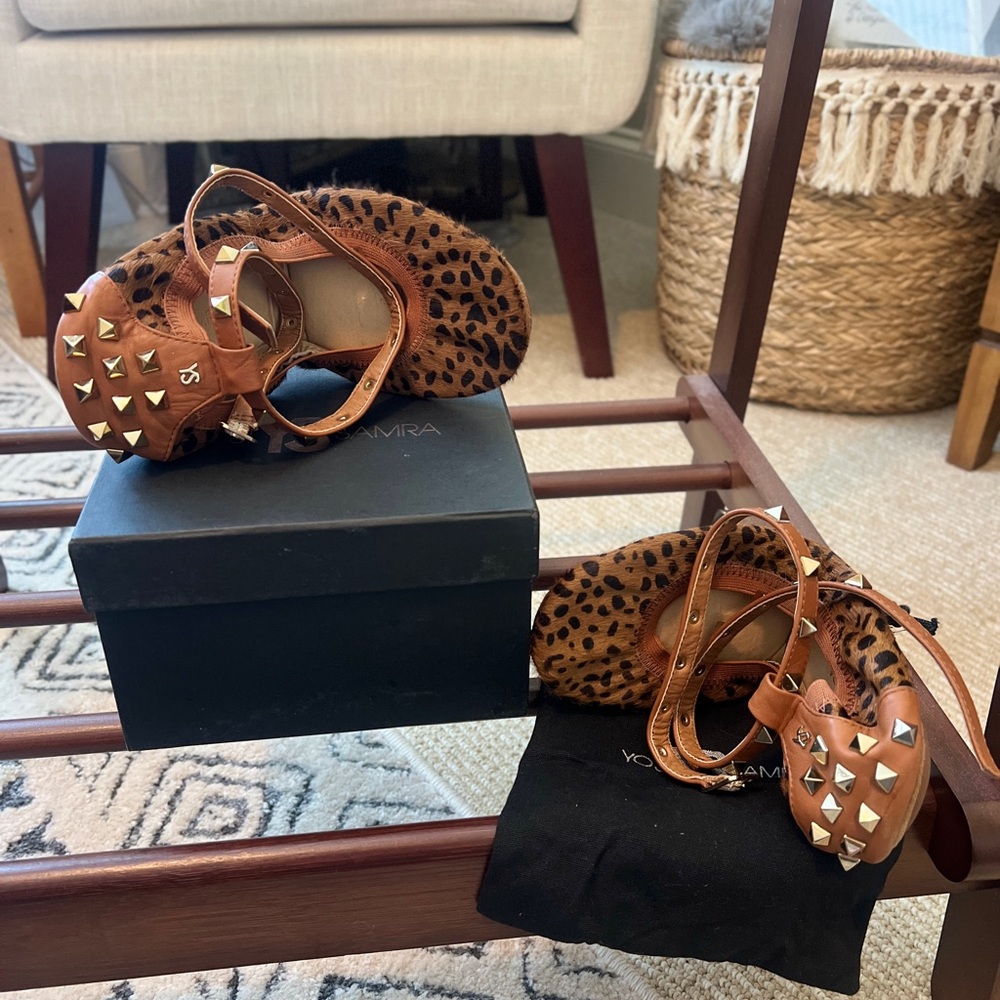 Yosi Samra YS Spotted Leopard Studded Ballet Flat Shoes Dark Whiskey Women's 9